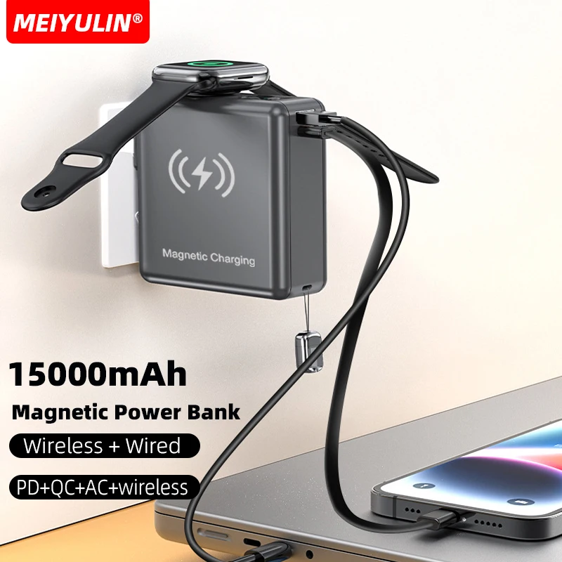 15000Mah Magnetic Power Bank Caricabatterie Rapido Wireless Us/Eu/Uk/Au Plug 22.5W Usb C Cavo Batteria Esterno Per Apple Watch Iphone 15