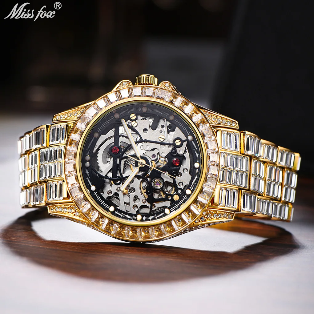 Hollow High Hip Hop Diamond Orologi Meccanici Da Uomo Auto Orologi Da Uomo Luxury Ice Out Shiny Waterproof Dropshipping Reloj Hombre