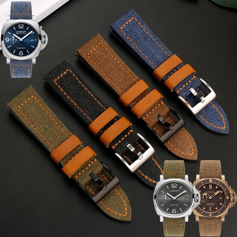 22Mm 24Mm Per Panerai Breitling Fossil Hamilton Handmade Canvas Cow Leather Bottom Watch Strap Bracciale Da Uomo Retro Watchband