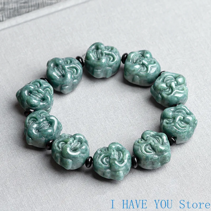 Braccialetto Di Giada Naturale Di Grado A Fagiolo Profondo Verde Maitreya Buddha Hand String Ice Jade Buddha Head Bead Bracciale Da Uomo E Da Donna
