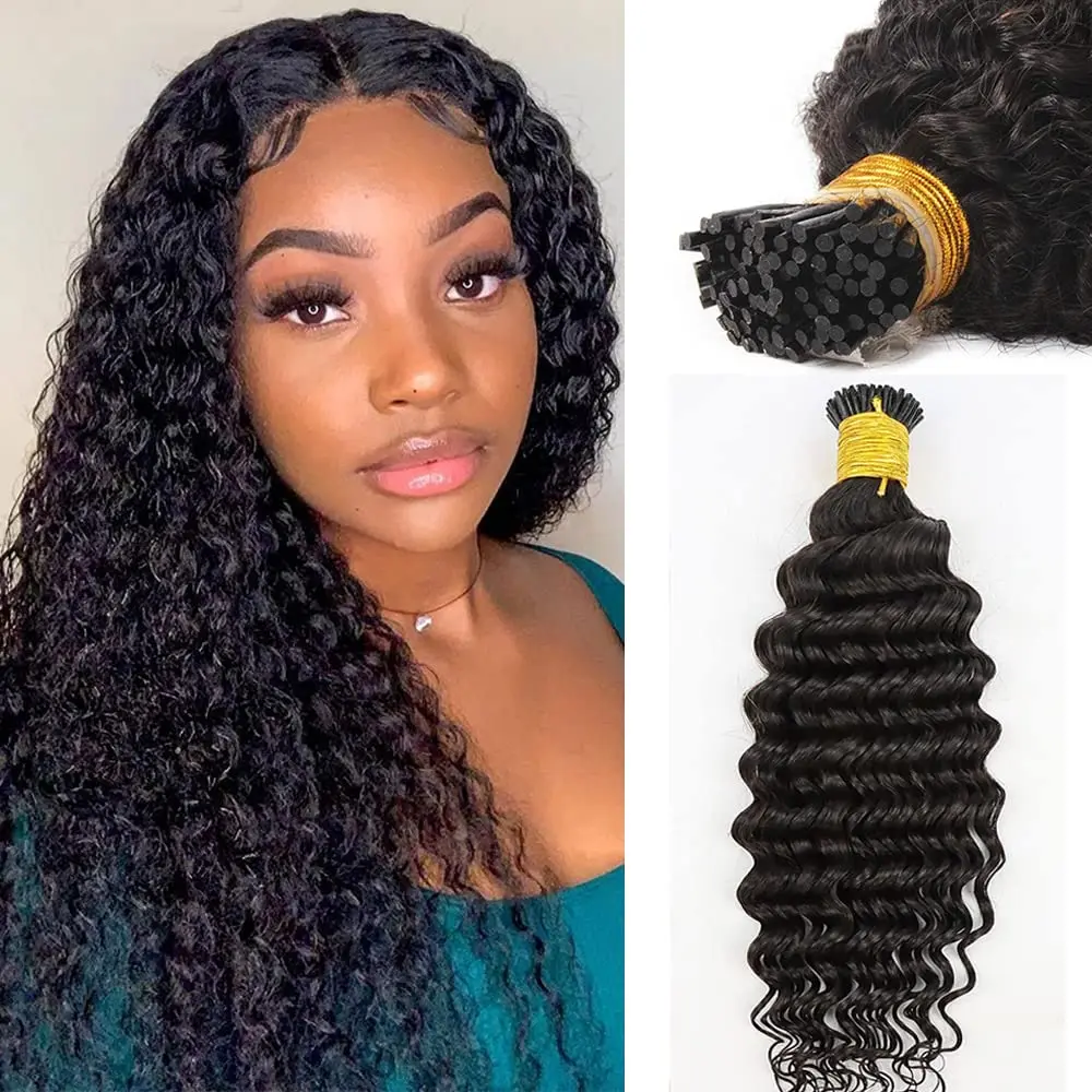 I Tip Hair Extensions Deep Wave Estensioni Dei Capelli Umani 12-30 Pollici Ricci Kenratin Hair Natural Black Microlink Beads I Tip Hair