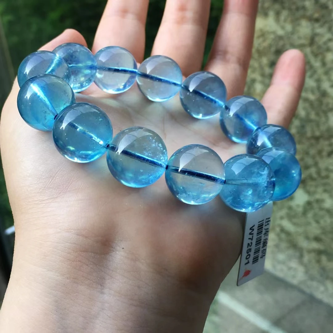 Naturale Blu Acquamarina Trasparente Perline Rotonde Braccialetto Gioielli 17Mm Big Size Profondo Acquamarina Perline Donna Uomo Aaaaaaa