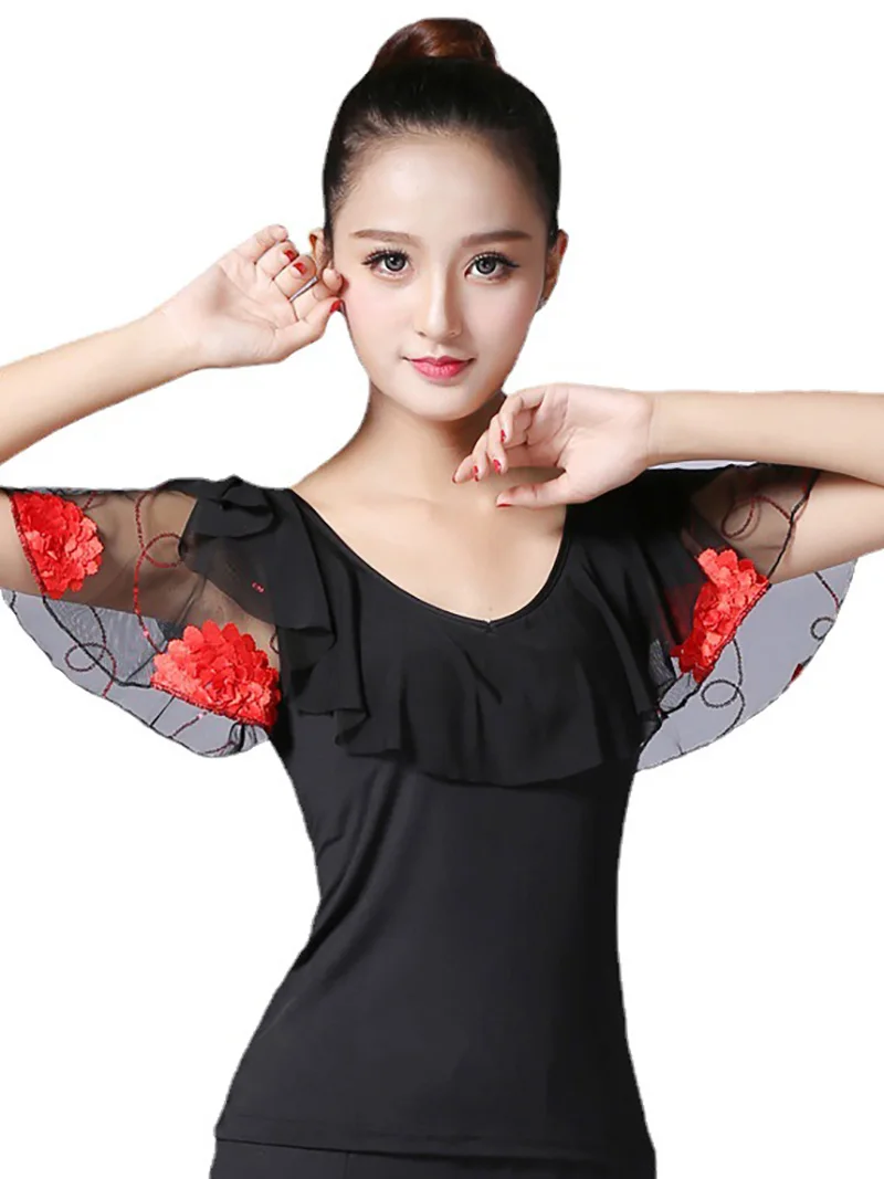 Donne Rose Print Flare Sleeve Ruffles Mesh Dance Dress Top Latin Dance National Rumba Samba Ballroom Dancewear Performance