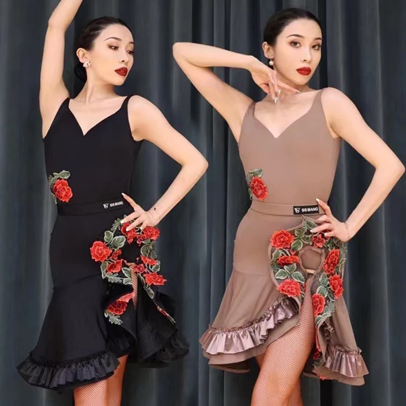 New Rose Edge Abito Da Ballo Latino Donna Cha Cha Rumba Samba Tango Dance Costume Adult Performance Clothes Practice Dress Dnv18268