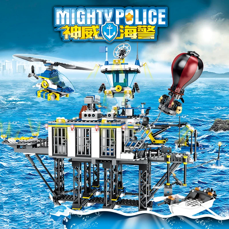 Prison Island Break Military Swat Model Building Blocks Elicotteri Boat Police Chase Markers Set Brikcs Ship Navy City Patrol