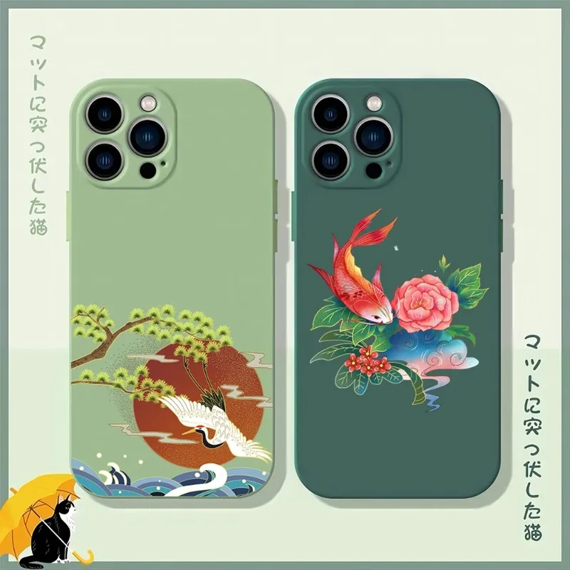 Custodia Per Telefono Crane Dragon Phoenix Landscape Matcha Green Per Iphone 12Pro 13 14 11 Pro Max Mini Xs X Xr 7 8 6 Plus Se2020 Cover