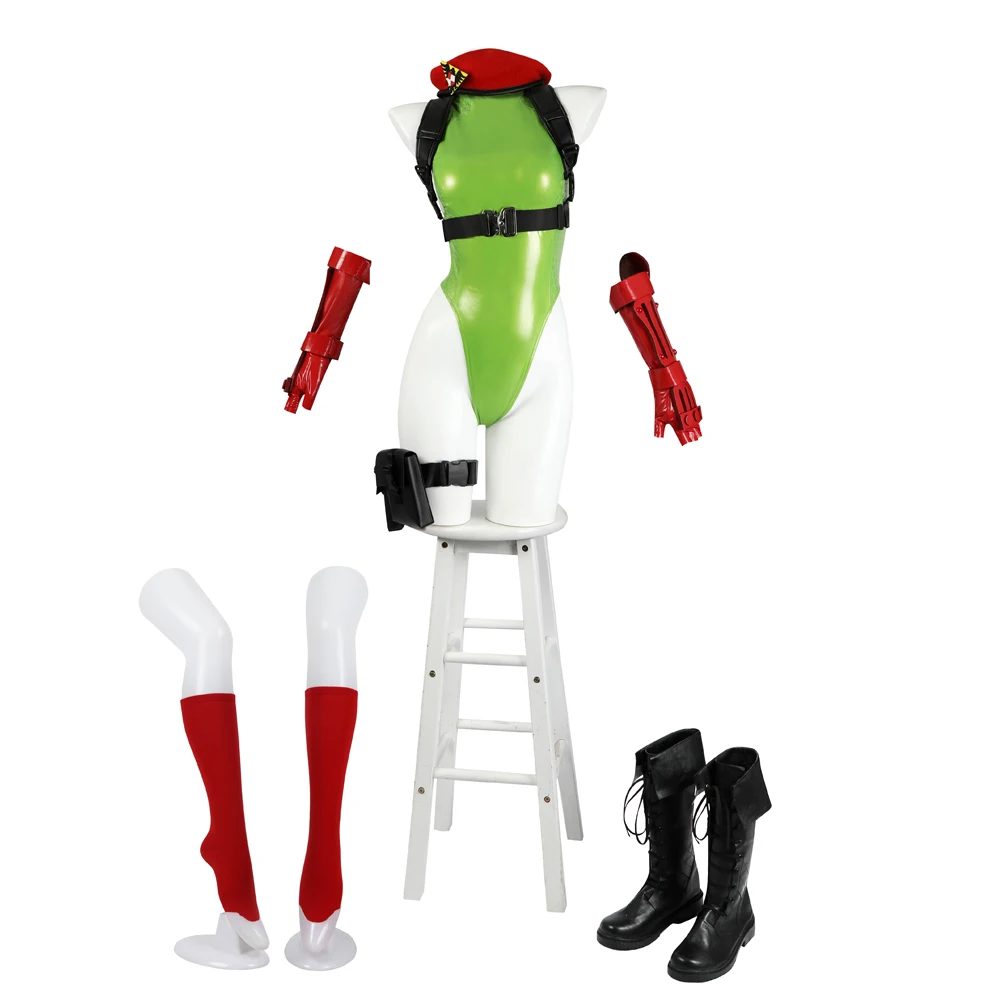 Super Sexy Cammy Cosplay Costume Street Fighter V 6 5 Sexy Green Body Leather Latex White Halloween Wig