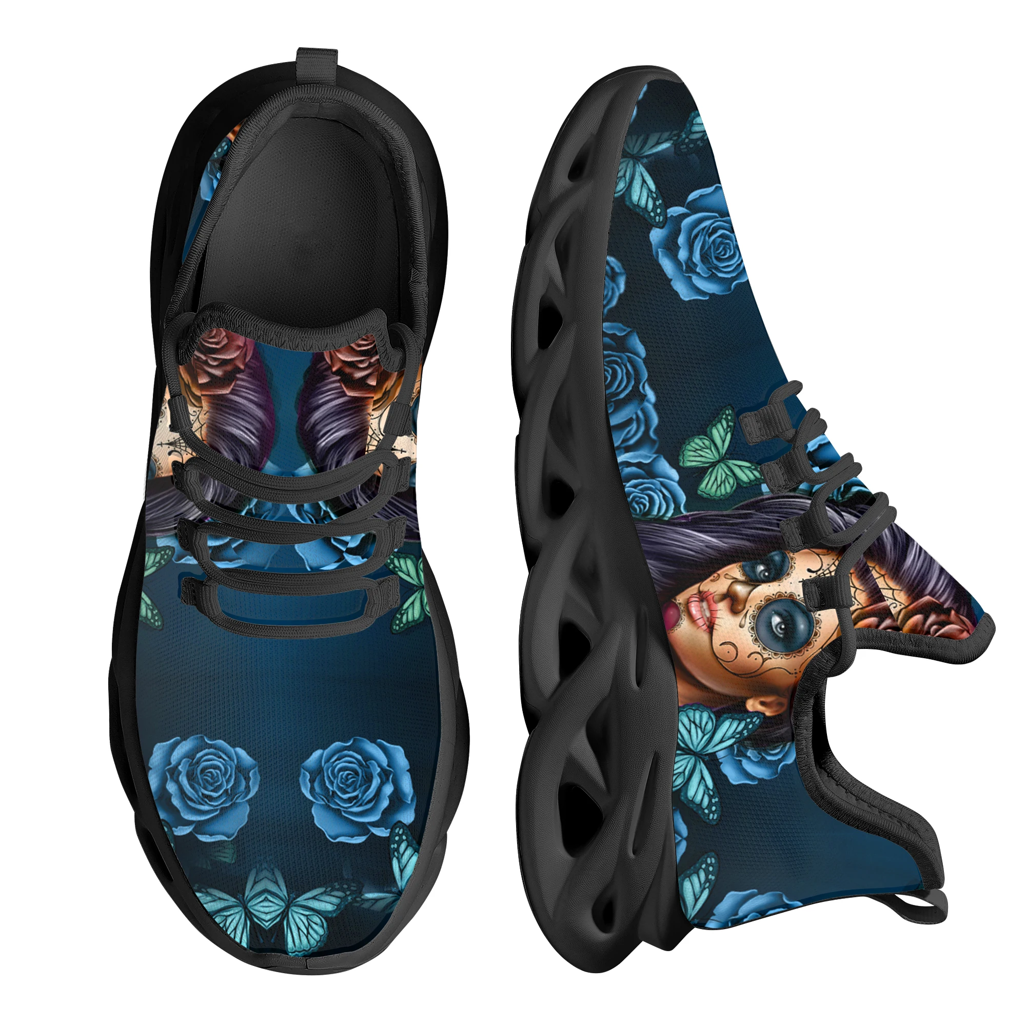 Instantarts Sugar Skull Girl Sneaker Con Suola Spessa Blue 3D Rose Print Comode Scarpe Con Lama Lavorata A Maglia Sneakers Con Teschio Messicano Mujer