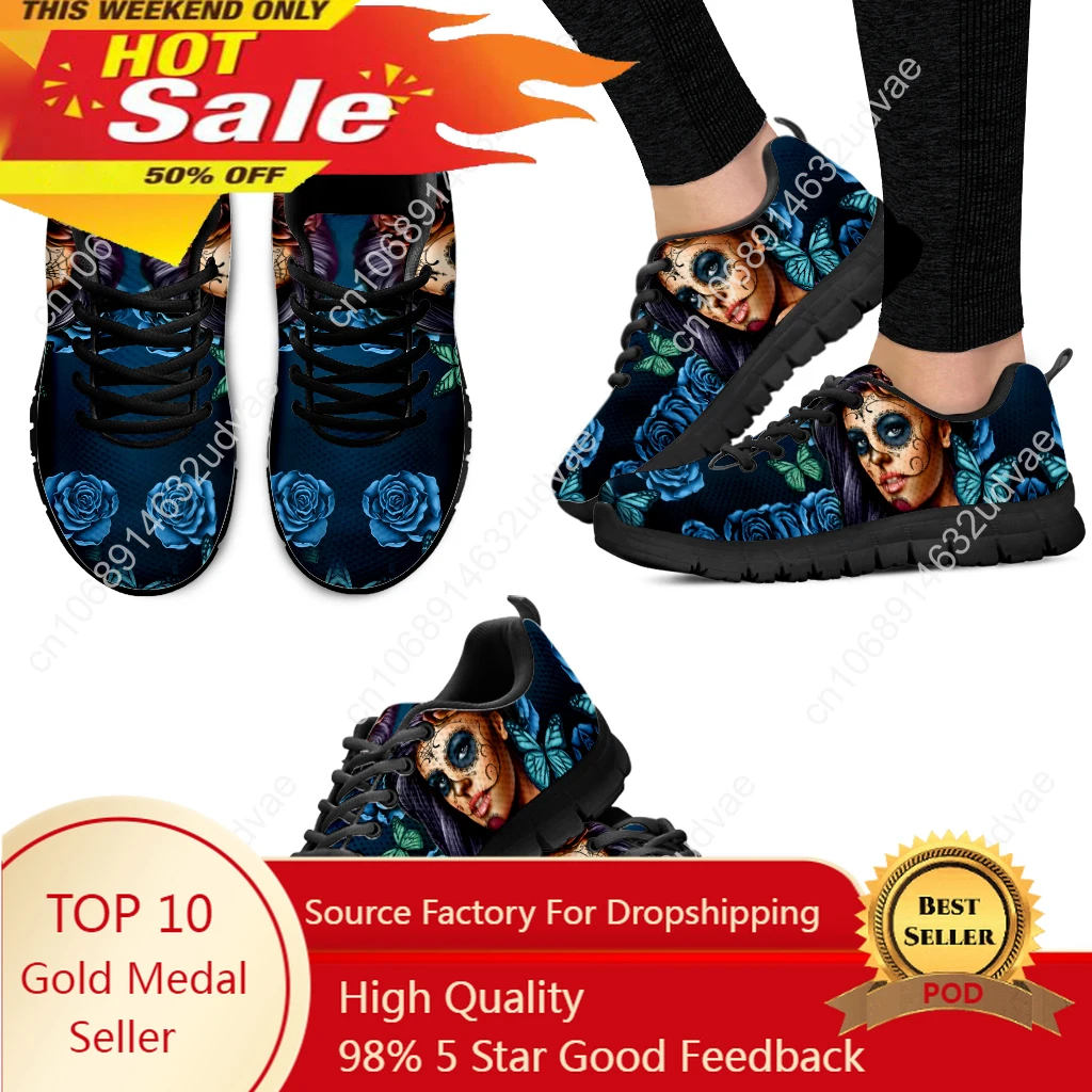 Blue Sugar Skull Girl Sneakers 3D Rose Print Shoes Comode Sneakers Casual A Farfalla Traspiranti Zapatos Mujer