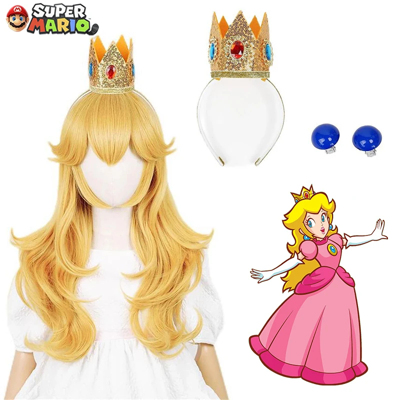 Princess Peach Wigs Crown Super Mario Bros Accessori Cosplay Per Le Donne Ragazze Anime Stage Costumes Puntelli Parrucca Gialla 50-54Cm