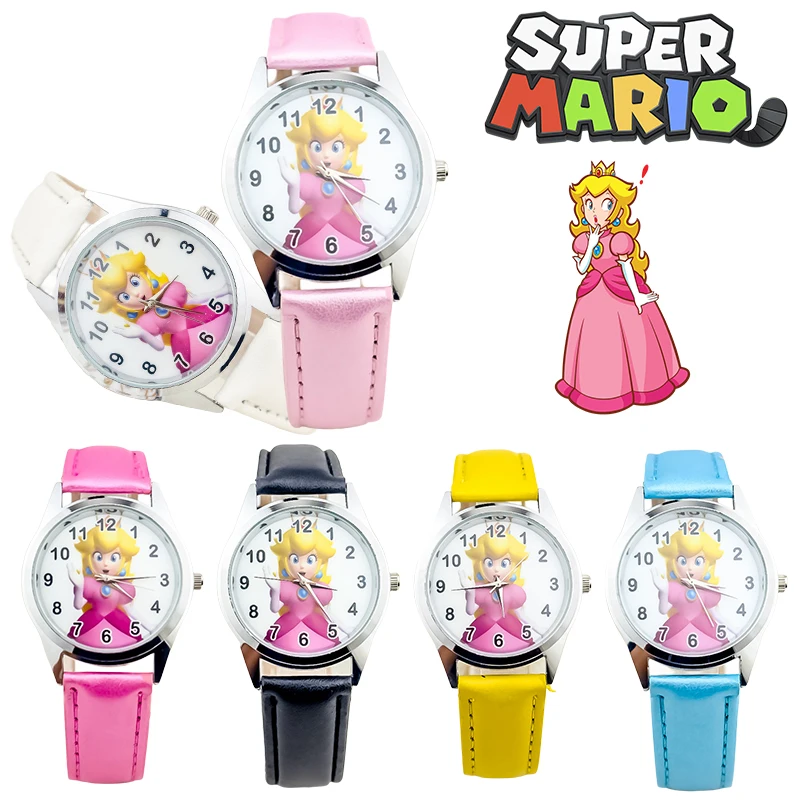 Super Mario Peach Princess Children Watch Anime Quartz Electronic Game Character Watch Kids Pu Leather Watch Strap Regalo Di Compleanno