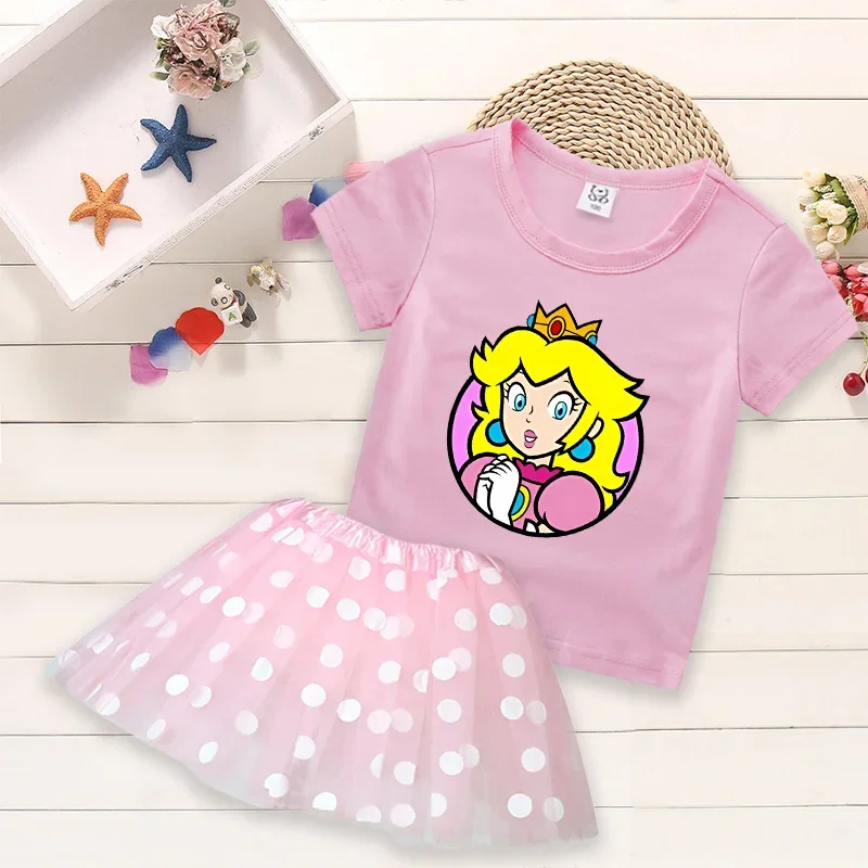 Super Mario Girls T-Shirt Tutu Gonna Set Toddler Polka Dot Princess Peach Dress Clothes Suit Baby Tees 2Pcs Abbigliamento Outfit Gift