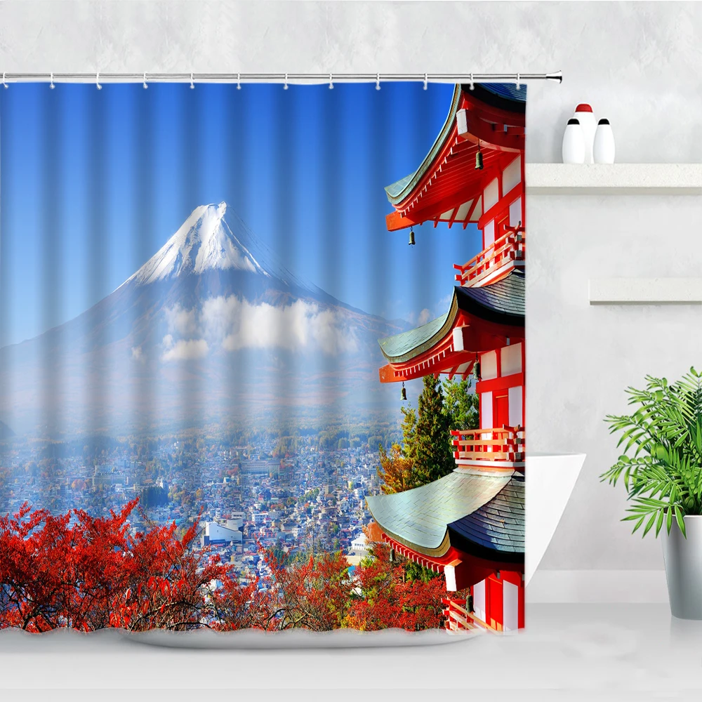 Montare Fuji Retro Building Tende Da Doccia Fiori Rossi Alberi Torre Giardino Paesaggio Decorazione Della Parete Bagno Ganci In Tessuto Tenda Da Bagno