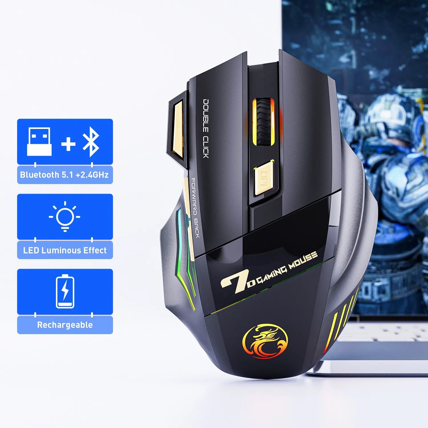 Mouse Da Gioco Wireless Usb Imice Gw-X7 3200Dpi Dual Mode Ricaricabile 7 Tasti 2.4Ghz Mouse Silenzioso Bluetooth Led Traspirante A 7 Colori