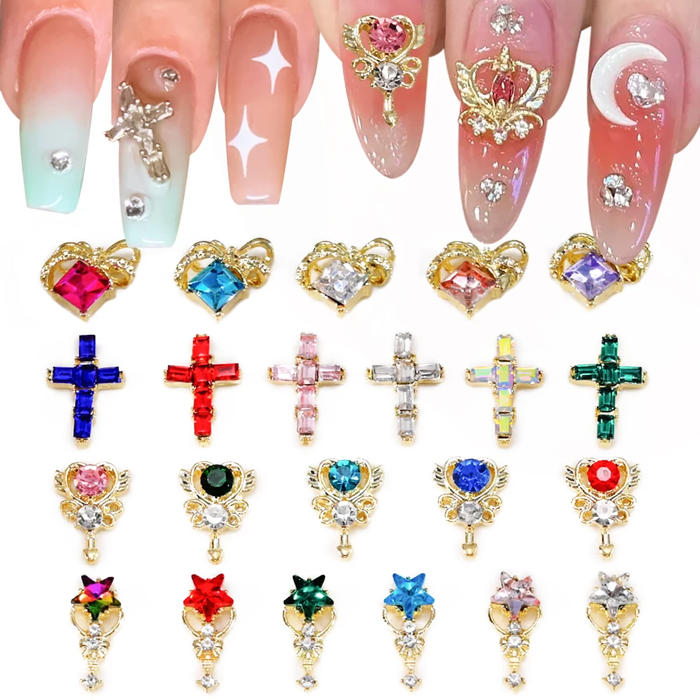 10Pcs Sailor Heart Moon Nail Charms Colorful Shiny Strass Lega Nail Charms Moon Star Cross Crystals Decorazioni Per Unghie