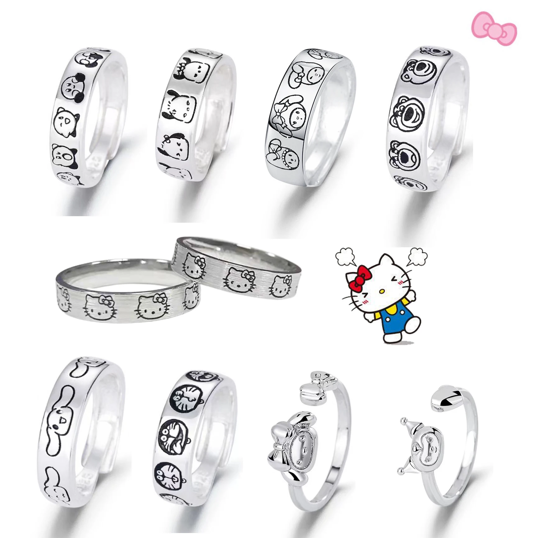 New Kawaii Hello Kitty Rings For Girls Women Silvery Jewelry Kuromi Cartoon Rings Cute Sweet Hello Kitty Kuromi Ring Girls Femme
