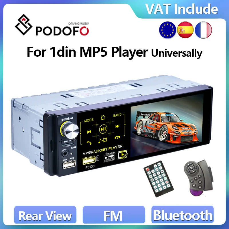Podofo 1Din Mp5 Player 4.1 "Universal Car Stereo Radio Touch Screen Lettore Multimediale Vista Posteriore Autoradio Head Unit Bluetooth