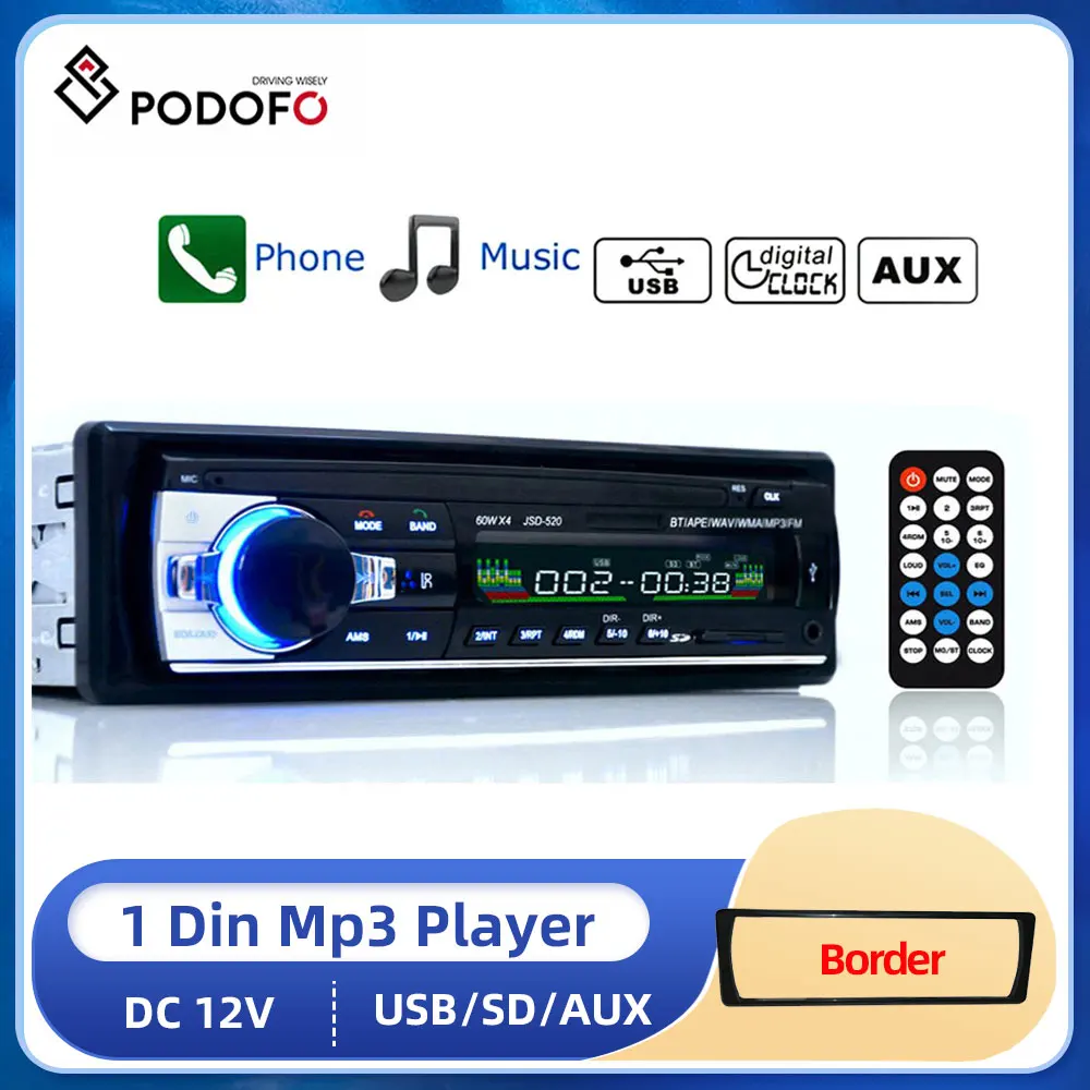 Podofo 1 Din Bluetooth Autoradio Sd Radio Car 12V Jsd-520 Lettore Mp3 Aux-In Autoradio Fm Usb Audio Stereo In-Dash Radio Coche
