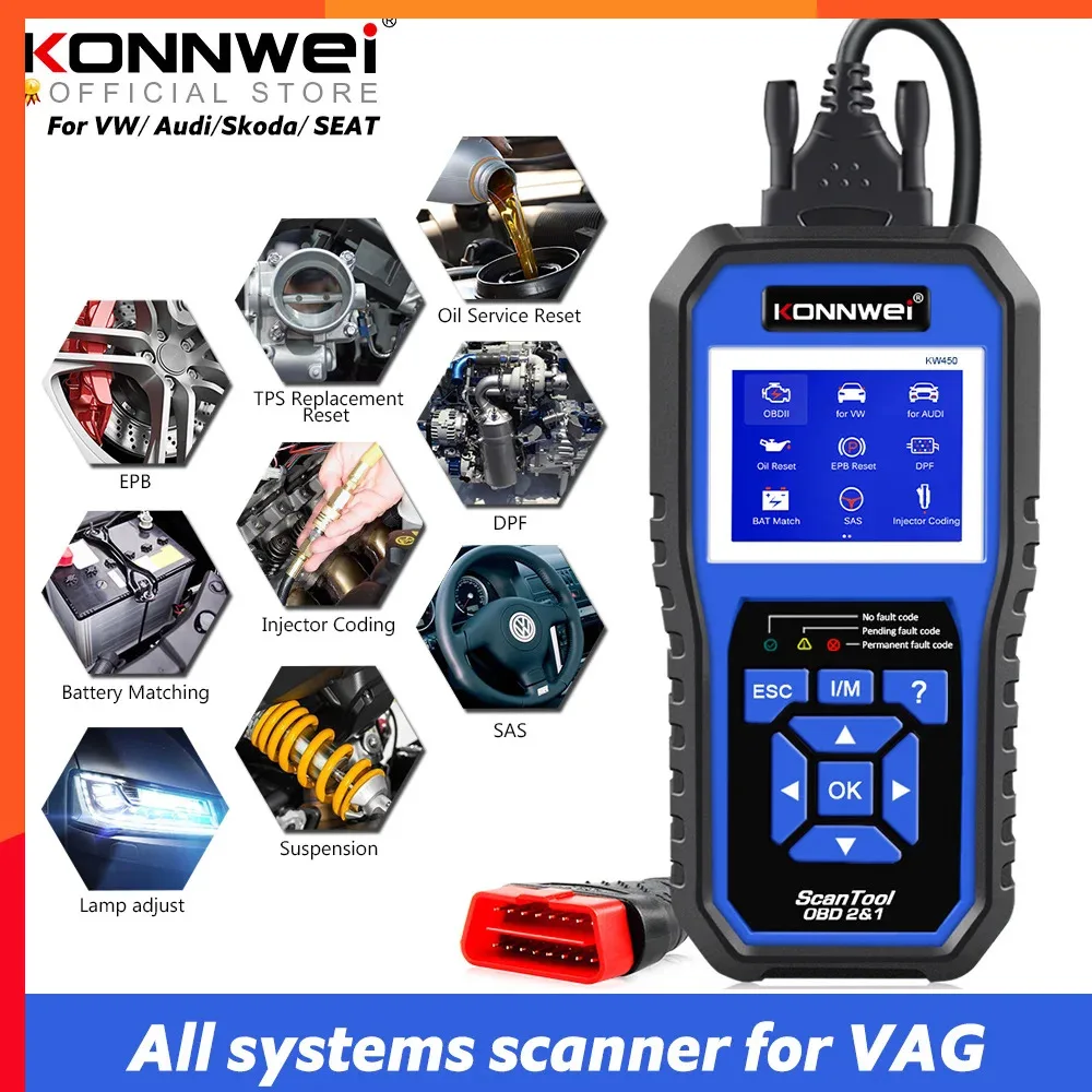 Konnwei Kw450 Obd2 Vag Strumento Diagnostico Automobilistico Volkswagen Audi Abs Air Bag Oil Abs Epb Dpf Srs Tpms Reset Scanner Di Sistema Completo
