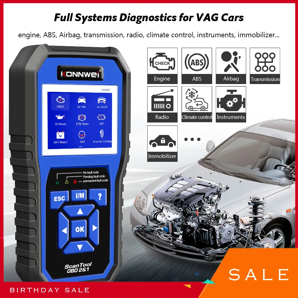 Konnwei Kw450 Obd2 Vag Strumento Diagnostico Automobilistico Volkswagen Audi Abs Air Bag Oil Abs Epb Dpf Srs Tpms Reset Scanner Di Sistema Completo