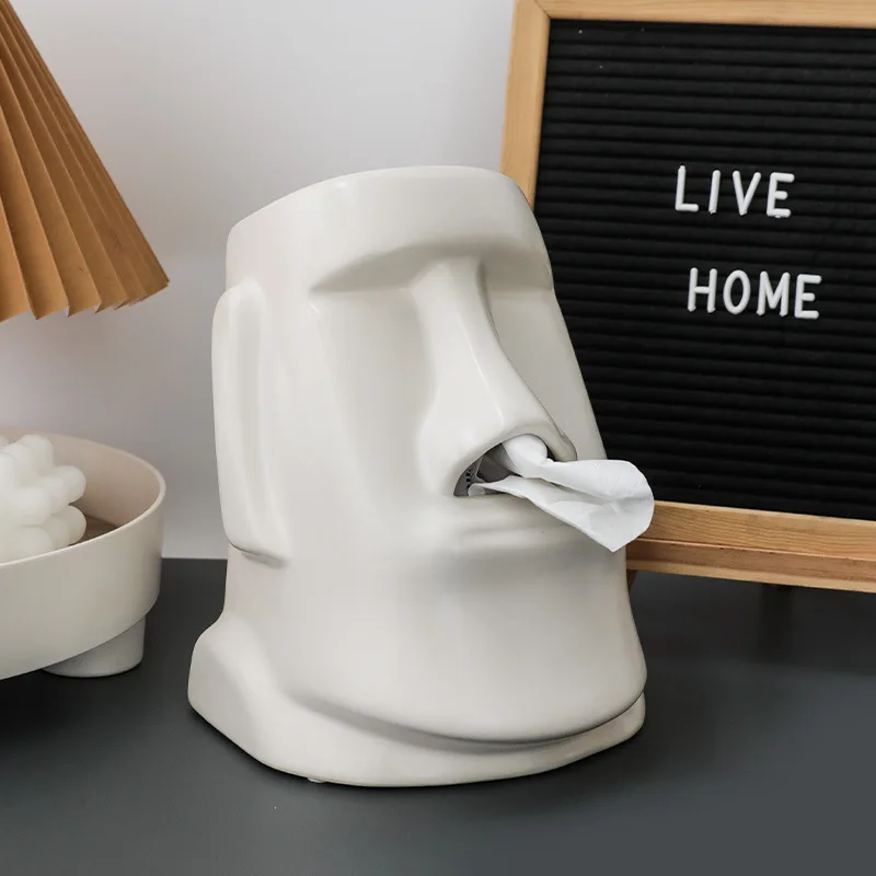 Nordic Luxury Creative Stone Figurine Paper Towel Boxs Modern Wind Net Red Ornaments Moai Stone Sculpture Living Room Decoration