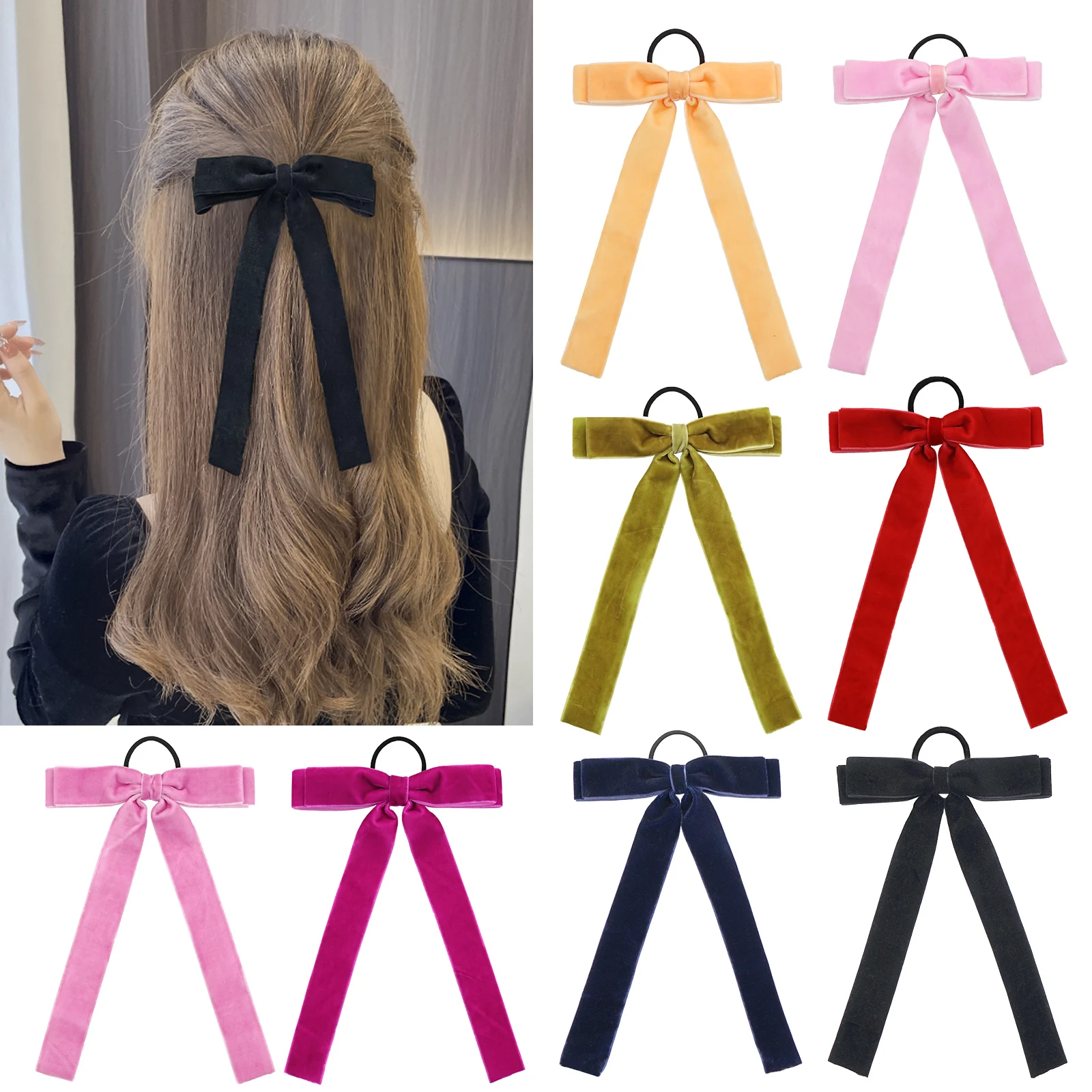 Velvet Cheer Bow Large Big Bow Hair Ring Annodato Cheer Bow Donna Coda Di Cavallo Cravatte Per Capelli Tinta Unita Elastico Accessori Per Capelli