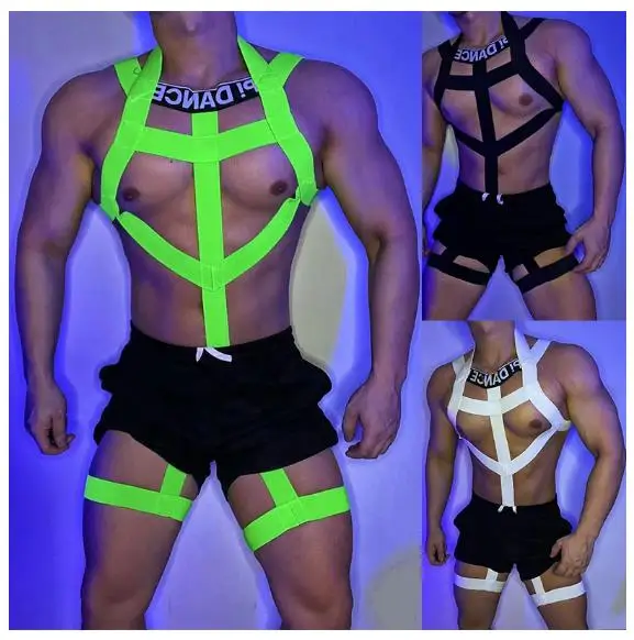 Muscle Men Verde Fluorescente Maschio Sexy Chest Strap Pole Dance Stage Costume Nightclub Gogo Dancing Clothes Rave Outfit