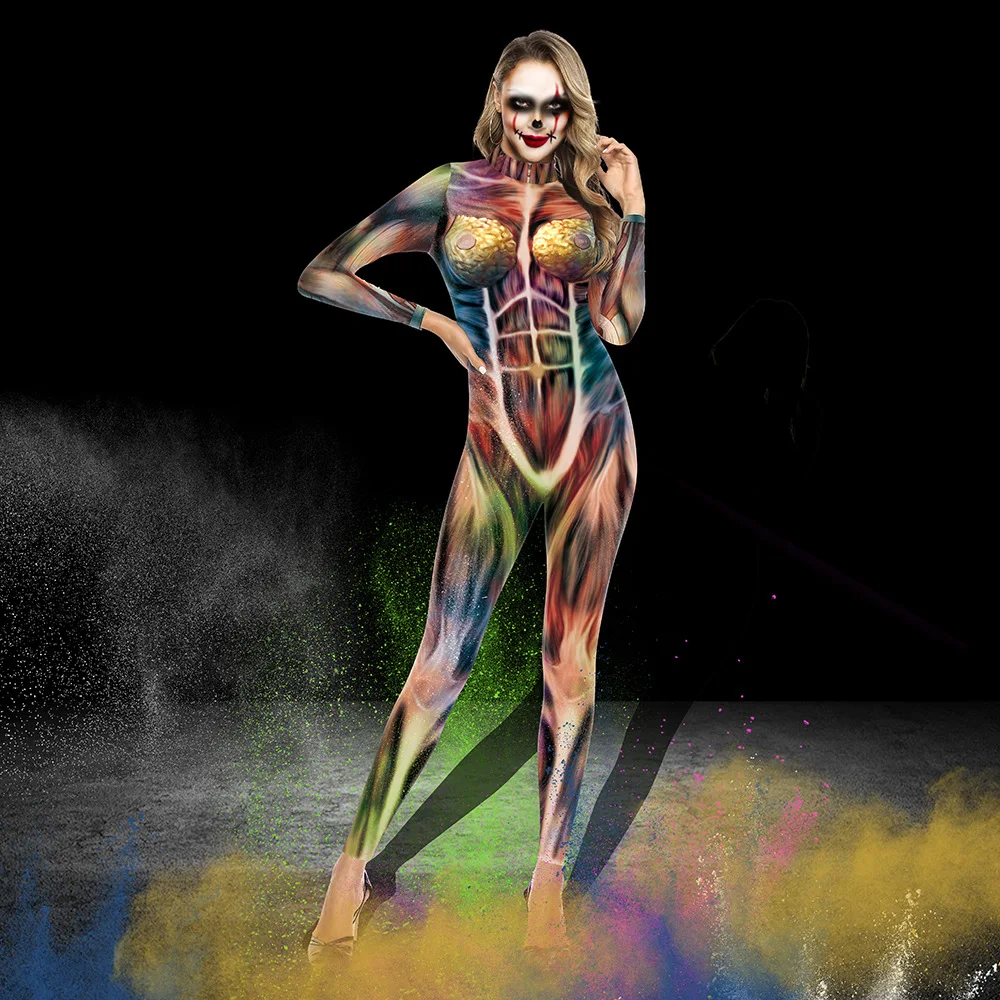 3D Skull Muscle Costume Hallowen Costumes For Women Party Cosplay Sexy Jumpsuit Carnival Rompers Day Of The Dead Plus Size Suit