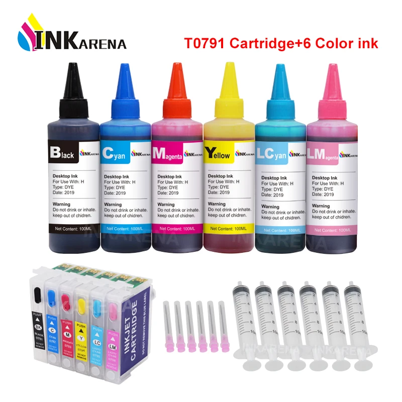 Inkarena T0791 Cartucce D'Inchiostro Ricaricabili Compatibili Per Epson Stylus Photo 1400 1500W P50 Artisan 1430 + 6 × 100Ml Di Inchiostro Della Stamp