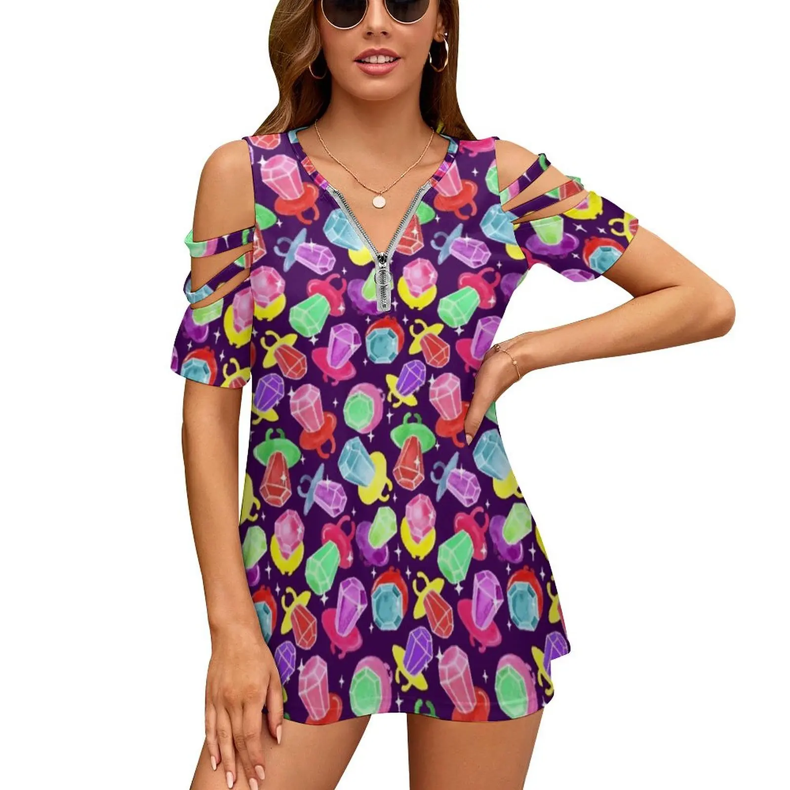 Anello Pop Cosmico Sparkle-Purple New Fashion Zip Off Spalla Top Manica Corta Camicia Da Donna Anello Pop Ring Pop Ringpop Ringpop