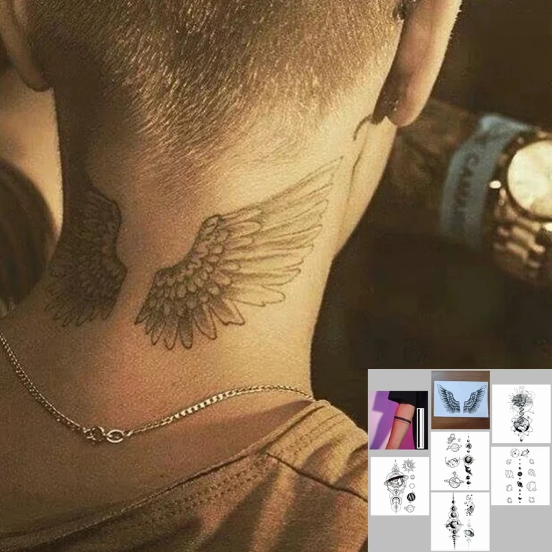 Ali Nere Starry Tatuaggi Temporanei Adesivi Collo Braccio Coscia Uomo Donna Impermeabile Cute Cool Art Tatuaggi Temporanei Falso Tatuaggio