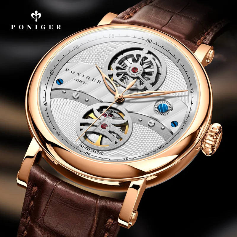 Svizzera Luxury Brand Poniger Japan Orologi Meccanici Automatici Da Uomo Sapphire Skeleton Leather 50M Orologio Impermeabile P817