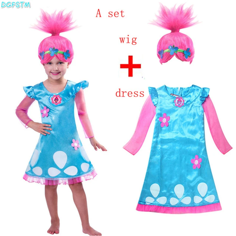 Parrucca Troll Al Dettaglio + Set Di Abiti Costumi Per Bambini Per Ragazze Carnevale Costumi Per Bambini Abito Troll Abiti Poppy Party Vestido De Fest