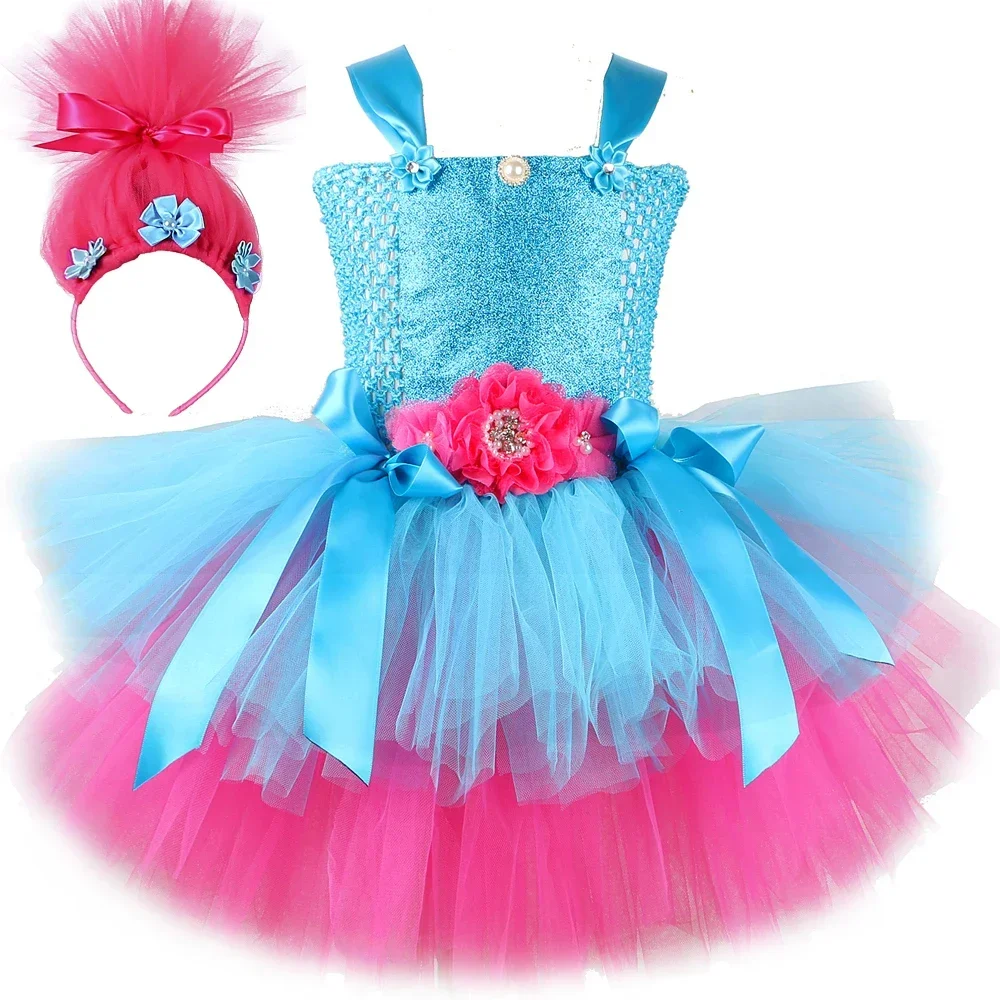 Trolls Tutu Dress For Girls Princess Poppy Birthday Costumes For Kids Magic Elves Abiti Di Halloween Girl Fairy Flower Outfits