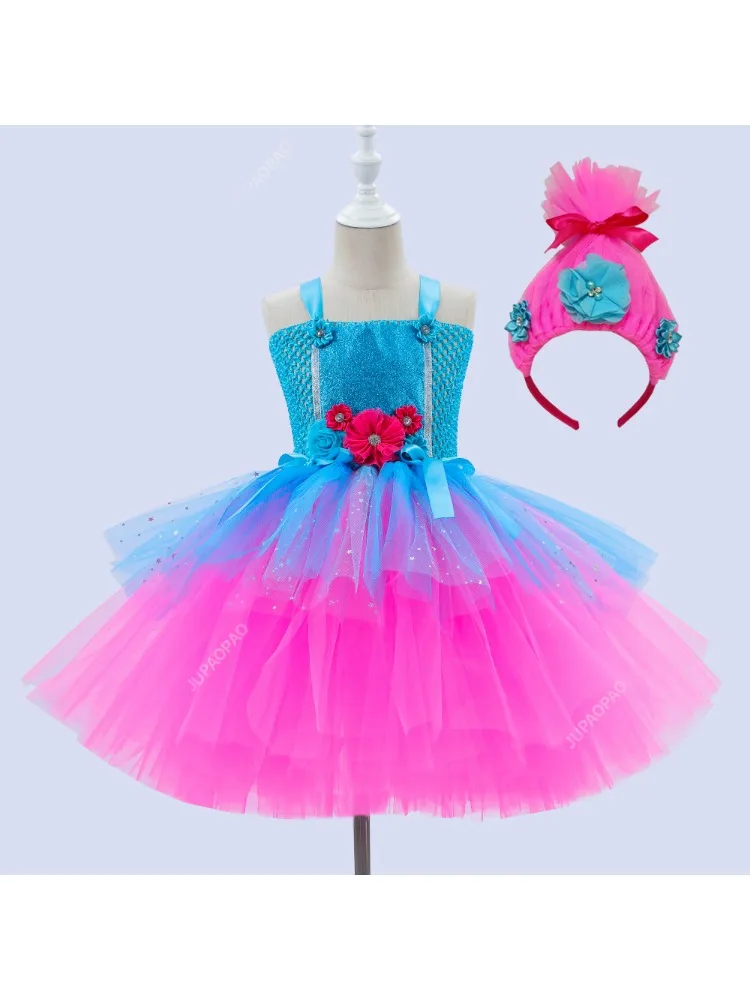 Trolls Tutu Dress For Girls Princess Poppy Birthday Costumes For Kids Magic Elves Abiti Di Halloween Girl Fairy Flower Outfits