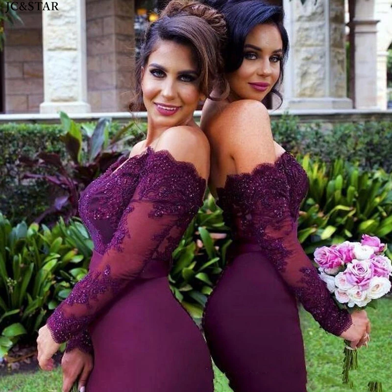 Abito Da Festa Di Nozze A Sirena Sexy Maniche Lunghe In Pizzo Bordeaux Con Spalle Scoperte Robbes Invit É E Mariage Brush Tail Robe Demoiselle D