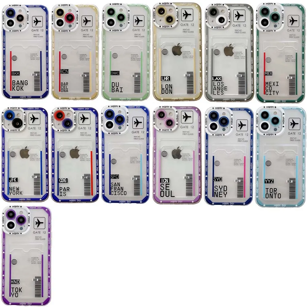 Air Plane City Ticket Card Slot Case Per Iphone 15 14 13 12 11 Pro Max X S Xr Custodia Morbida In Tpu Antiurto Trasparente