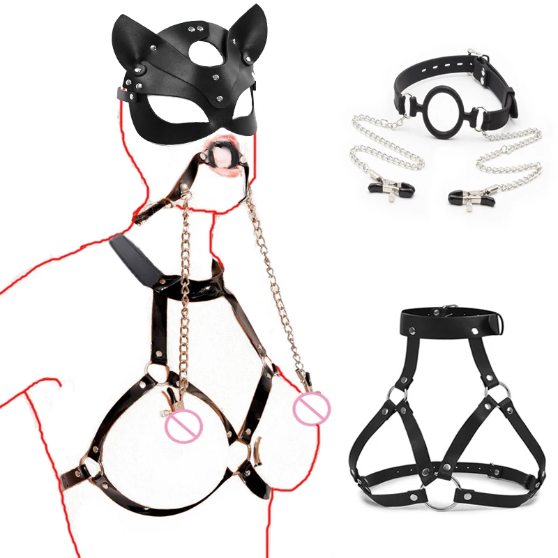 Hotx Pu Women'S Mouth Gag Morsetti Per Capezzoli Con Collare Bsdm Bondage Set Restraint Cat Headgear Roleplay Sex Toys For Women