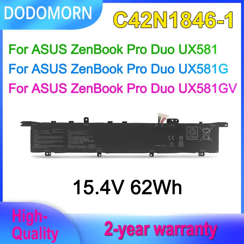 Batteria Per Laptop Dodomorn 15.4V 62Wh Per Asus Zenbook Pro Duo Ux581Gv Ux581G Ux581Gv C42N1846-1 0B200-03490000 4Icp5/41/75-2
