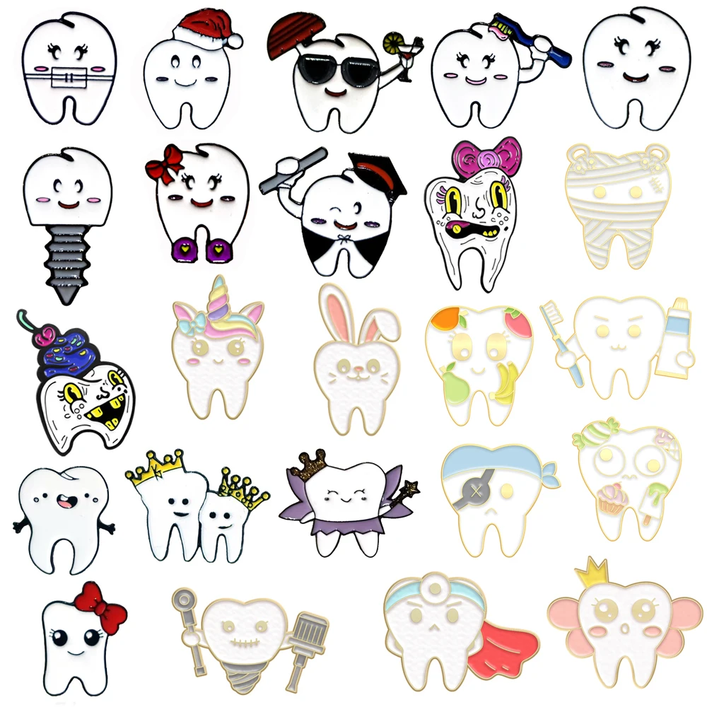 Cute Tooth Spilla Bow Tooth Doctor Screw Fruit Riparatore Red Flag Unicorn Crown Healthy Tooth Badge Punk Metal Pins Jewelry Gift