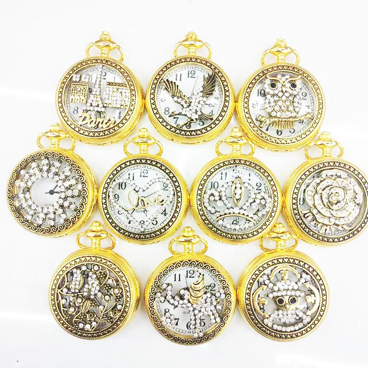 3Pcs Luxury Diamond Rose Gold Orologio Da Tasca Al Quarzo Per Uomo Donna Orologio Hollow Case Fob Chain Vintage Ciondolo Collana Orologio