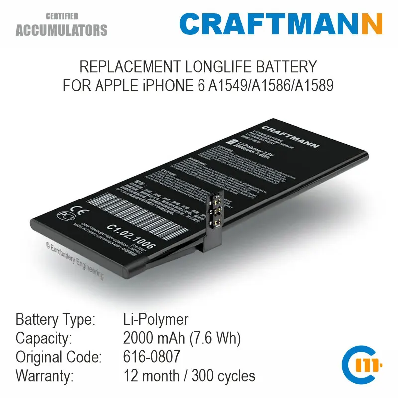 Batteria Crafts Mann 2000Mah Per Apple Iphone 6 A1549/A1586/A1589 (616-0807)