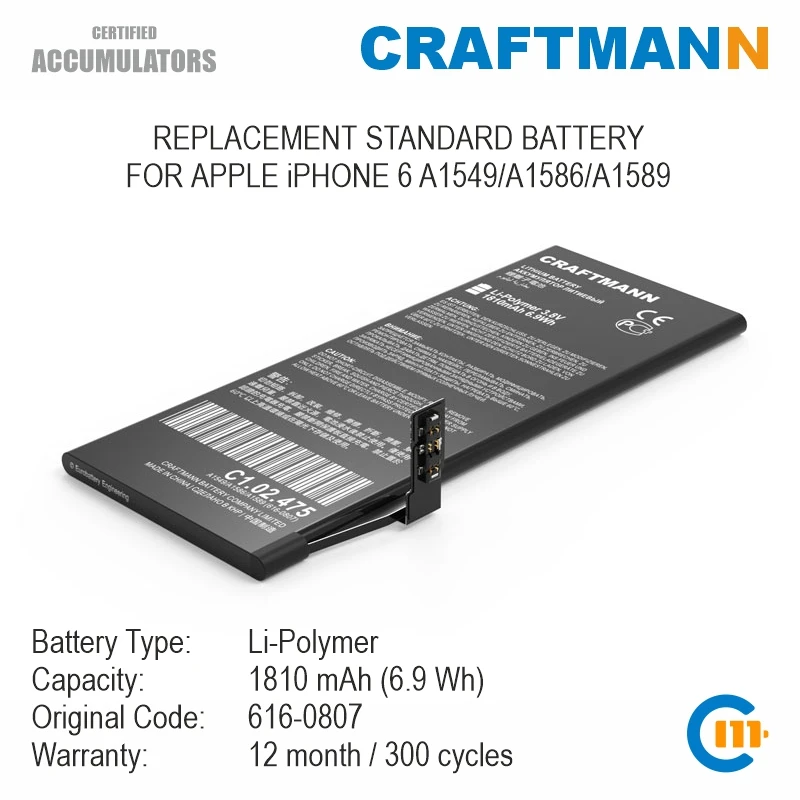 Batteria Crafts Mann 1810Mah Per Apple Iphone 6 A1549/A1586/A1589 (616-0807)
