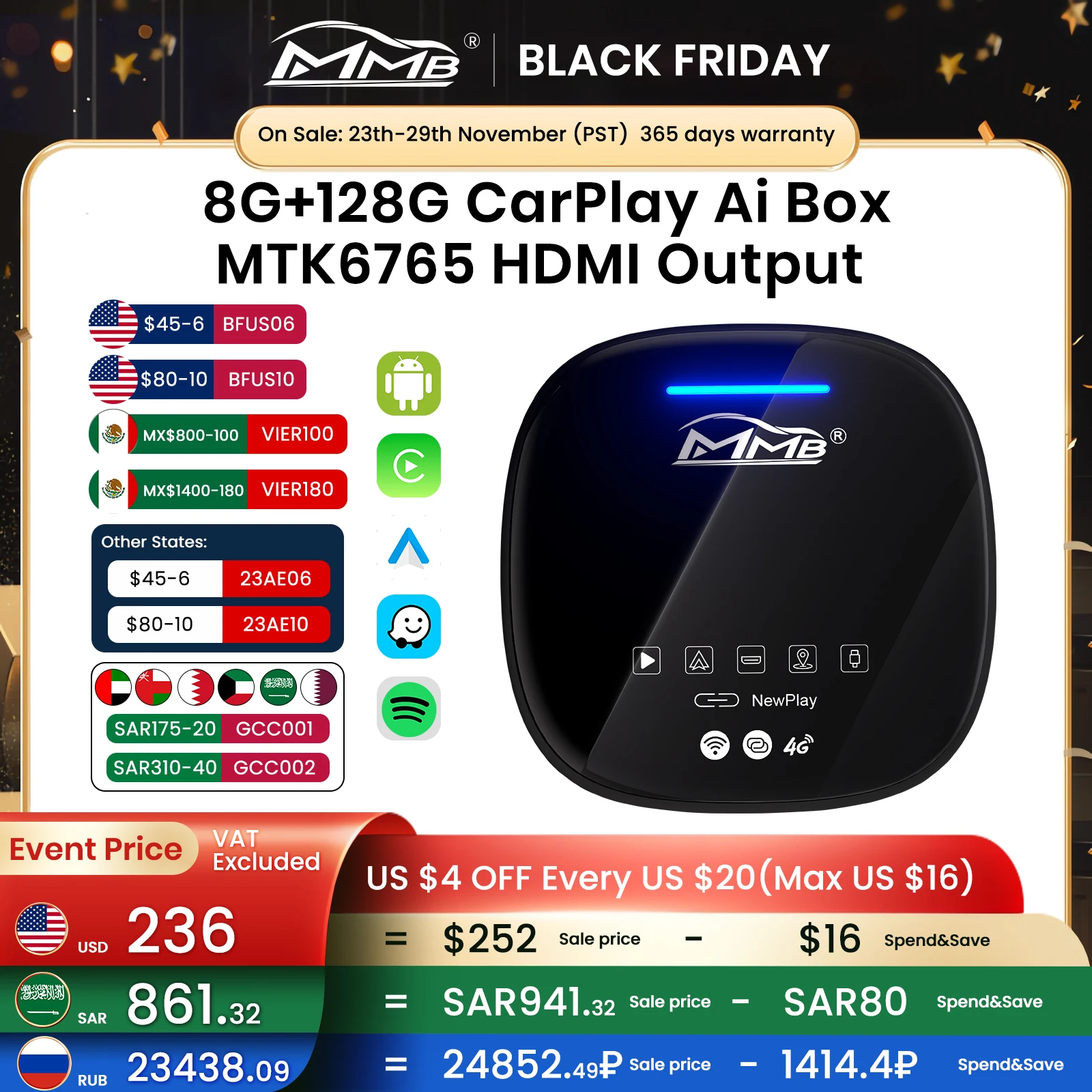 Mmb Max Android 10 Os 8Gb + 128Gb Wireless Android Auto Ai Box Wireless Apple Carplay Adapter Youtube Netflix Con Hdmi Per Toyota