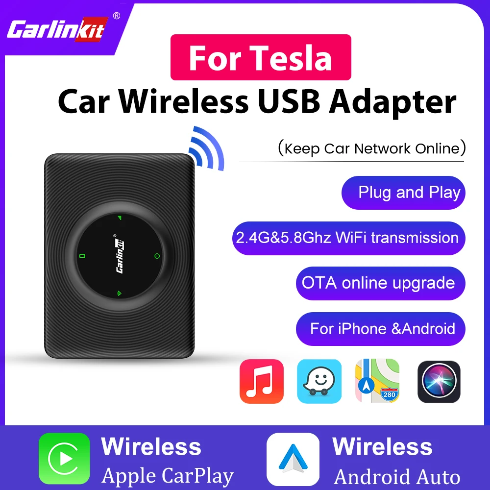 T2C Carlinkit 4 Ota Upgrade Mini Android Auto Carplay Wireless Box Adattatore Bluetooth Wifi Per Tesla Model 3/ X/Y/S 5G Wifi Waze