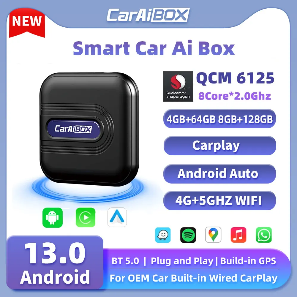 Caraibox Wireless Carplay Android Auto Qualcomm 6125 8-Core Car Ai Box Android 13.0 Mini Ai Box Built-In Play Store