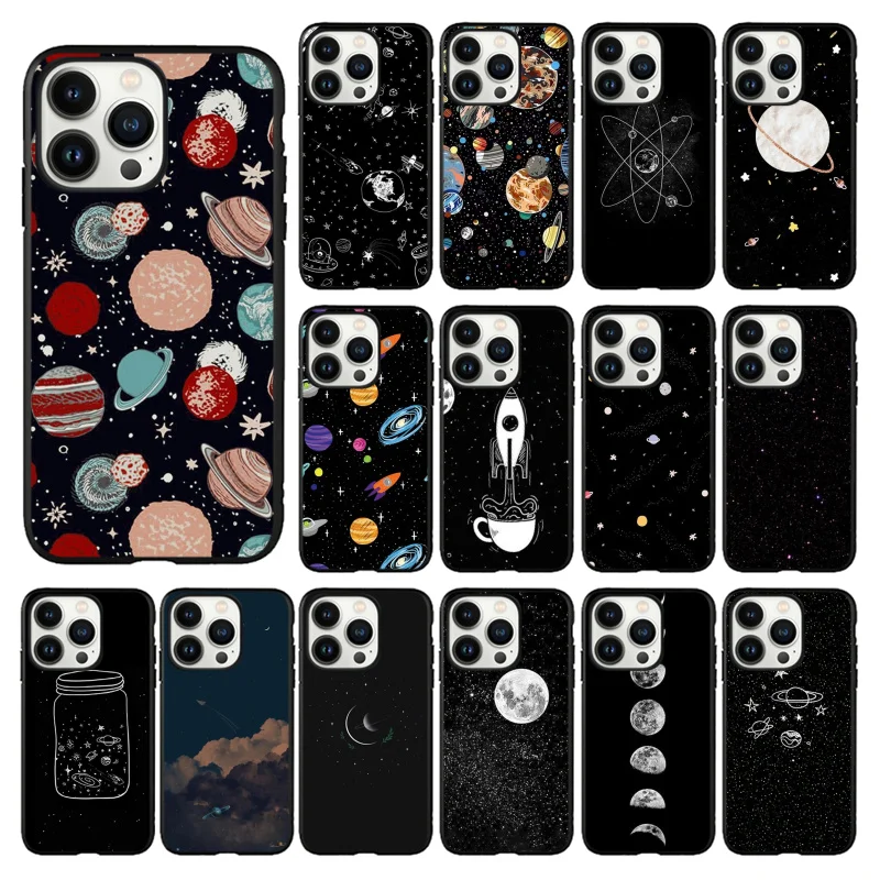 Cartoon Space Planet Phone Cafor Iphone 15 14 13 12 11 Pro Max X Xs Max Xr Mini Se7 8 Xr Black Funda Coque Case