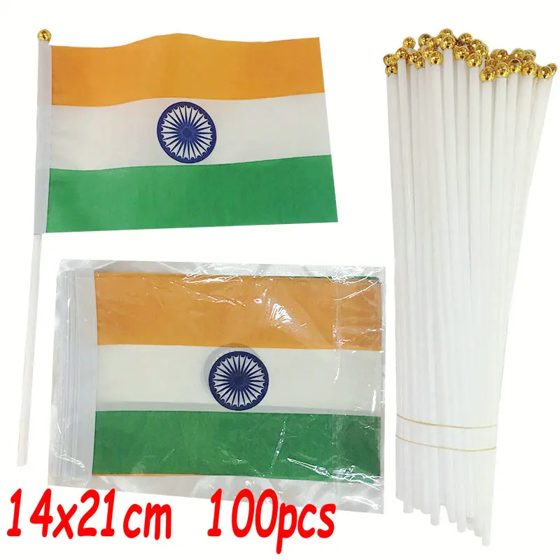 Zxz 100Pcs India Bandiera Ondeggiante A Mano 14*21Cm Poliestere In India Bandiera A Mano Con Asta In Plastica