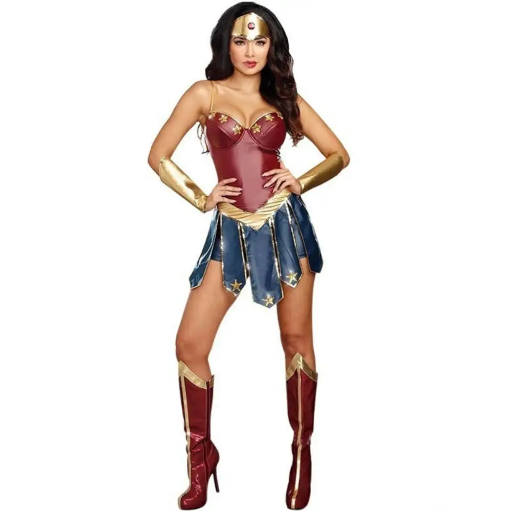 Donne Halloween Superhero Cosplay Wonder Costume Pu Leather Body Outfit Superhero Fancy Dress