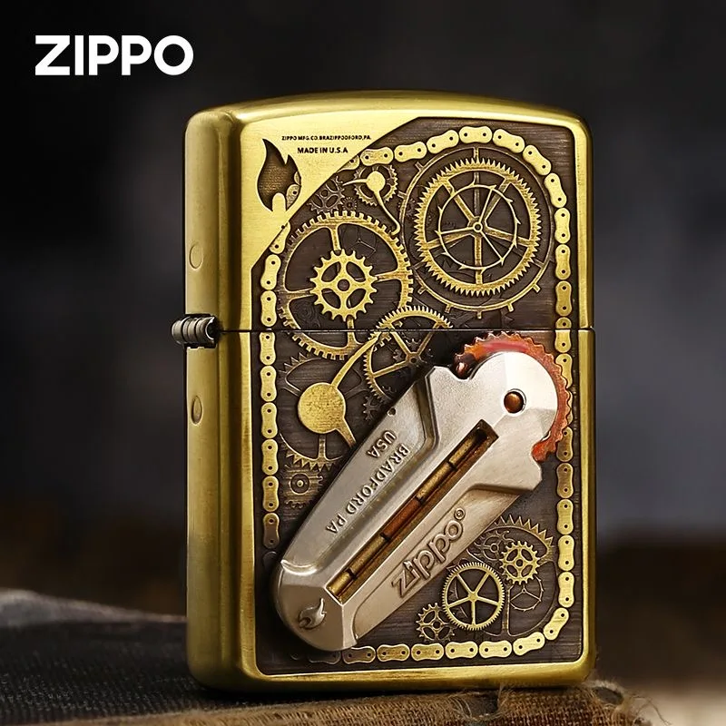 Accendino Zippo Industrial Age Golden Flint Case Emblem Design Collection In Box